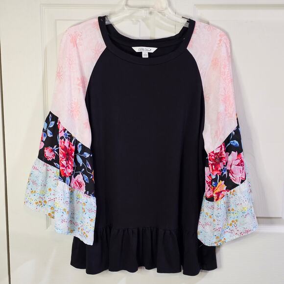 Pioneer Woman Blouse Sz L Boho Cottagecore Festival Floral Sleeve Black Top - Picture 9 of 9